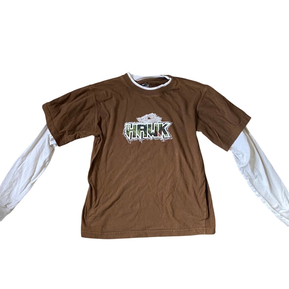 Y2K Tony Hawk Layered Long Sleeve Graphic T-Shirt Camo Logo Brown 14/16  Babytee